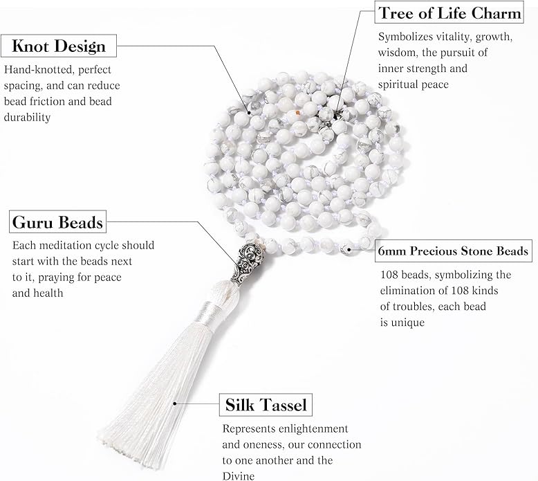 INBLUE 108 Mala Prayer Beads Wrap Necklace with Long Tassel Boho Necklace for Women Amazonite Bead Bracelet with Spiritual Tree of Life Pendant 108 Beads Necklace for Meditation