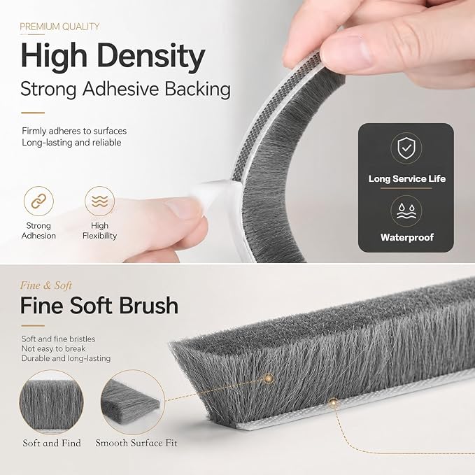 ZOMPAGO Brush Weather Stripping Door Window Seal, 0.9 x 0.4 x 66 FT | Felt - Image 3
