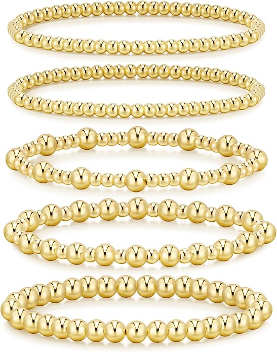 adoyi Valentines Day Gifts for Her Gold Bracelets for Women Waterproof, 14K Gold Plated Beaded Strand Bead Ball Bracelets stack Adjustable Jewelry Set for Gifts