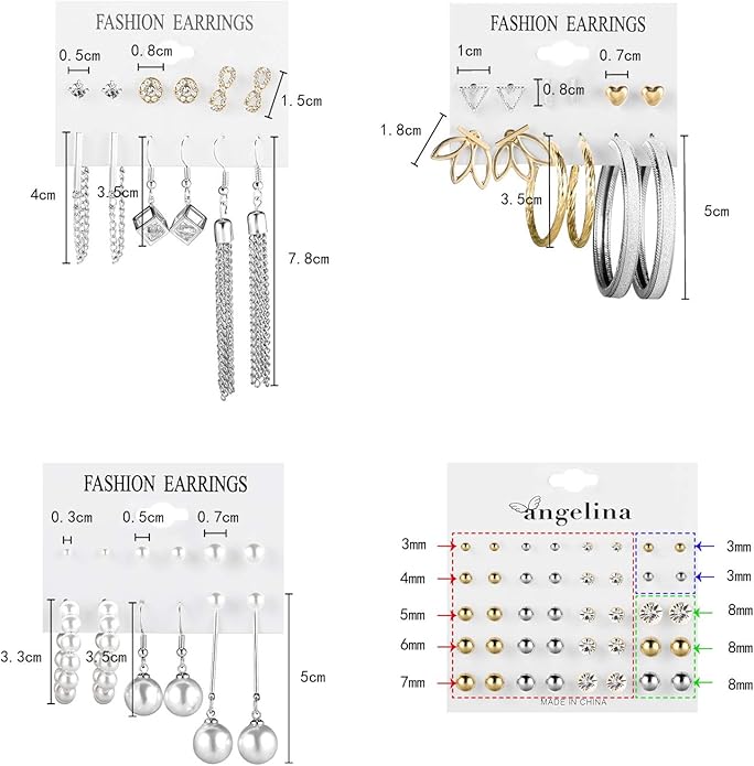 Earrings for Women, Funtopia 68 Pairs Drop Dangle Earrings, Fashion Statement Stud Earrings Pearl Earrings Set for Party Jewelry(Gold and Silver)