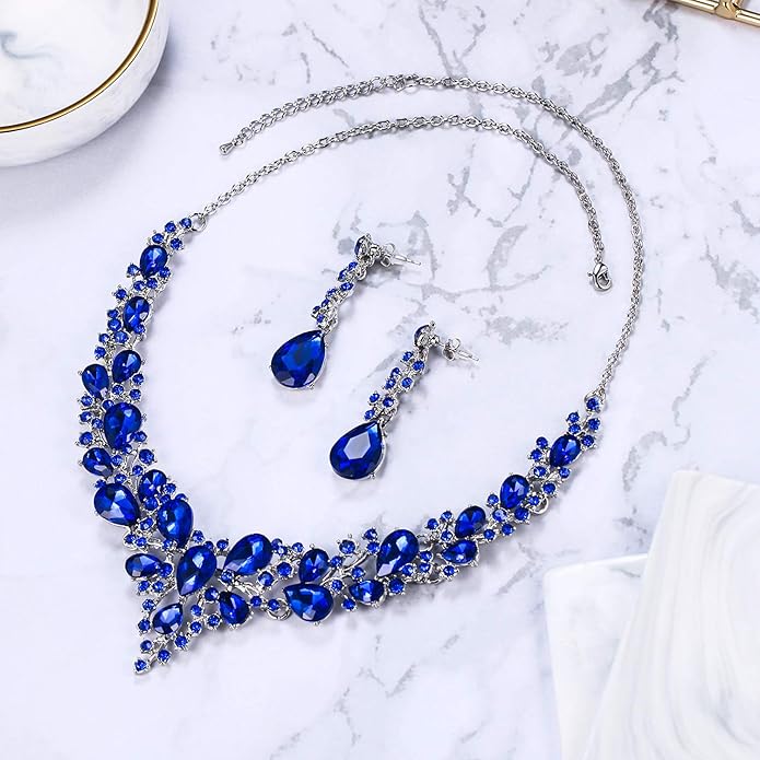 BriLove Women's Wedding Bridal Austrian Crystal Teardrop Cluster Statement Necklace Dangle Earrings Jewelry Set