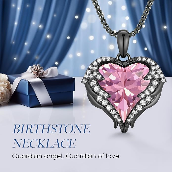 CDE Valentines Day Gifts for Women Angel Wings Necklace for Women with Birthstone, Love Heart Silver Tone/Gold Tone Pendant, Ideal Anniversary or Birthday Jewelry Gifts for Wife Girlfriend Her