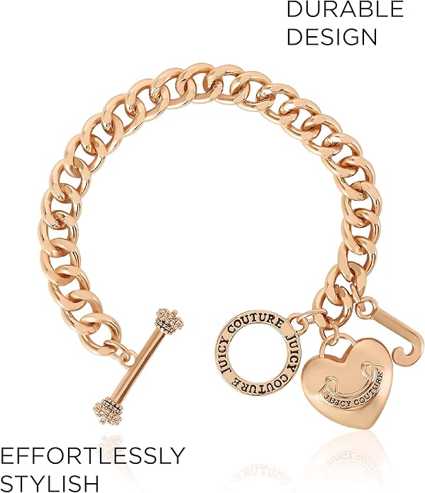 Juicy Couture Bracelet 7-7.5", Goldtone Heart Charm and Toggle Bracelets for Women, Juicy Jewelry