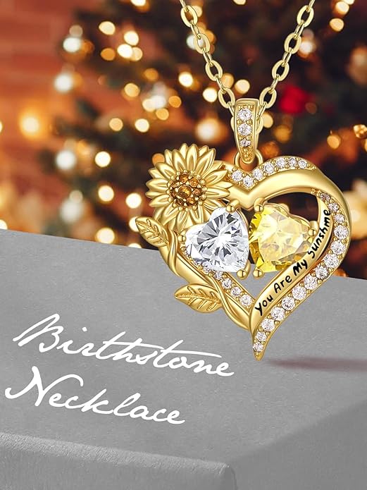 Sunflower Heart Necklace for Women 14K Gold Exquisite Valentines Day Anniversary Birthday Gifts for Wife Mother Her Double Birthstone Pendant Jewelry‘You Are My Sunshine’