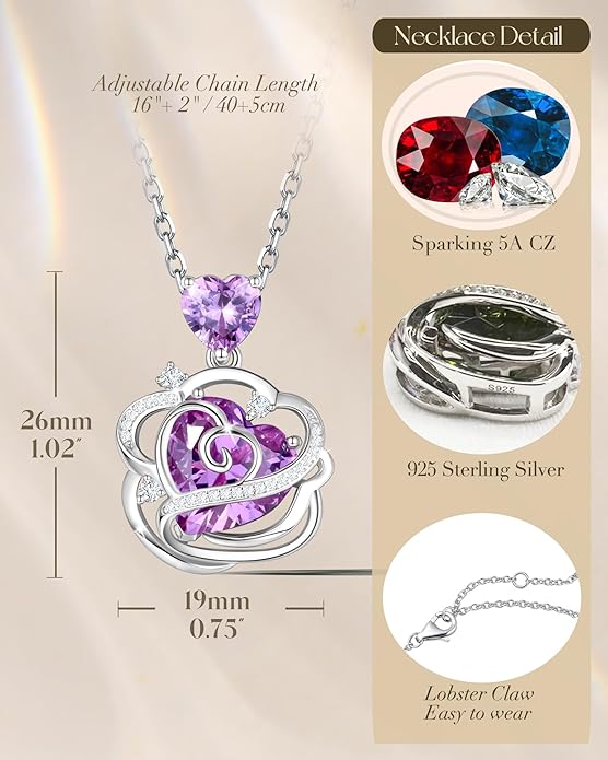 FANCIME Thornless Pulse Heart Birthstone Necklace for Women Sterling Silver Rose Pendant Fine Jewelry Gemstone Birthday Valentines Day Gifts for Wife Her