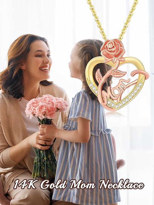14K Solid Gold Rose Flower/Sunflower Necklaces for Women Flower Heart Pendant Necklace Love Sunshine Jewelry Anniversary Valentine's Day Birthday GiftS for Women Wife Girlfriend Her Mom