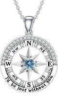 Compass Birthstone Necklace Gift for 2025 Graduation 925 Sterling Silver Compass ‘I'd be Lost Without You’ Pendant Necklaces Jewelry for Women Her Wife Gift for Birthday Anniversary
