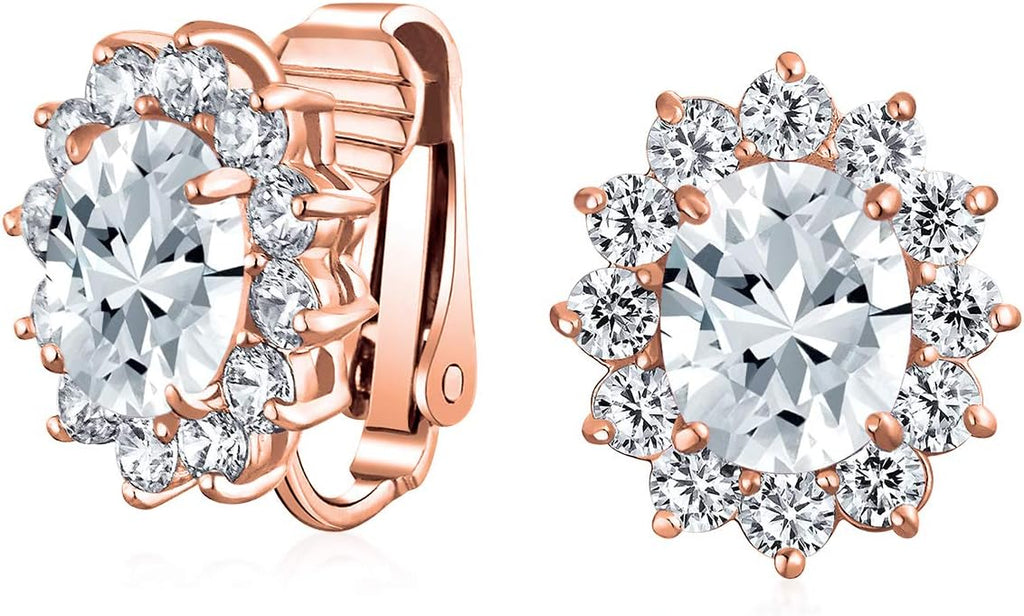 Traditional Classic Bridal Simulated Gemstones Cubic Zirconia AAA CZ Halo Crown Oval Stud Clip On Earrings For Women Wedding Non Pierced Ears Rose Gold Silver Plated