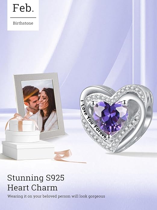 Heart Birthstone Charms for Bracelets, 925 Sterling Silver Women Bead Charms for Charm Bracelets Necklace, Mother's Day Birthday Anniversary Jewelry Gifts for Wife Mom Grandma Daughter