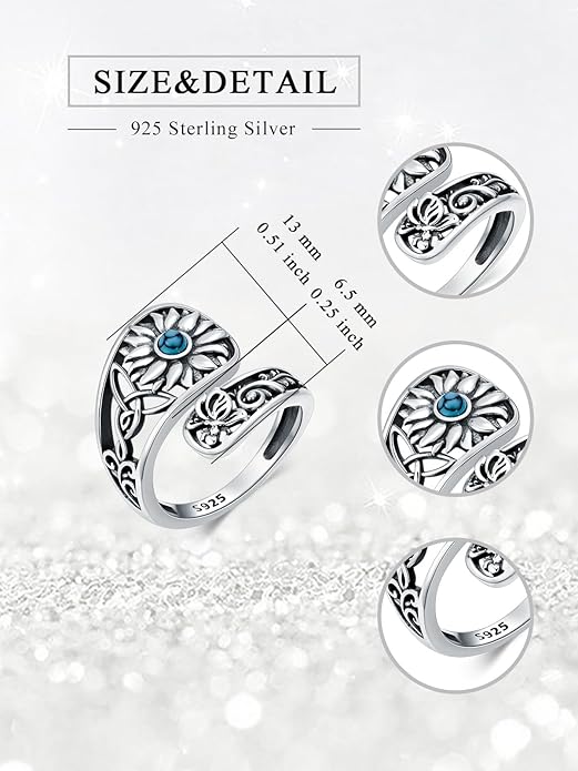 Midari Sun and Moon/Bee/Celtic/Life of Tree/Lotus Spoon Ring for Women 925 Sterling Silver Adjustable Ring Open Ring for Women Men Halloween Birthday Gift