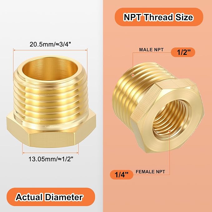 2 Pack Male to FeMale Adapters, 1/2" MNPT x 1/4" FNPT Threaded Brass Hex - Image 2