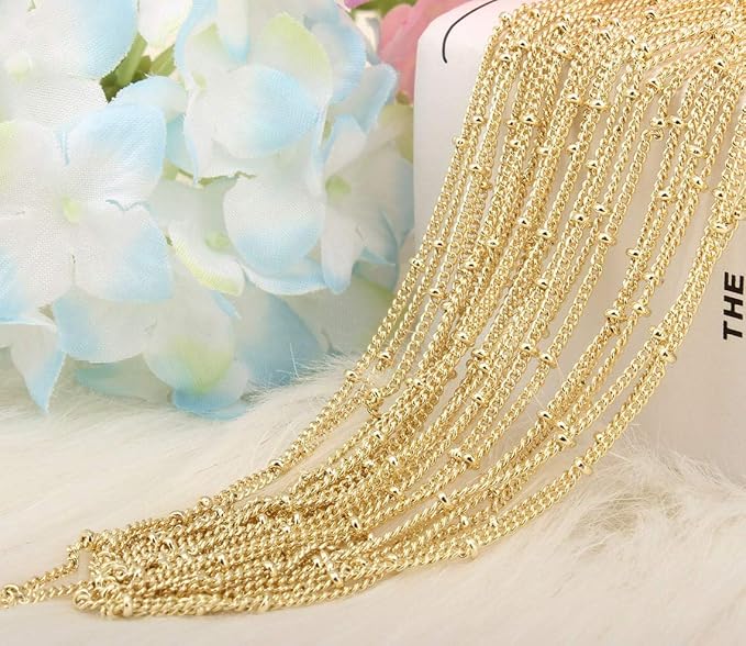 ALEXCRAFT Wholesale 12PCS Gold Plated Solid Brass Satellite Beaded Curb Thin Chain Necklace Bulk for Jewelry Making (18 Inch(1.5mm))