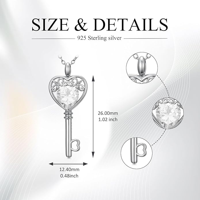 WSX Heart Key Birthstone Necklace for Women 925 Sterling Silver Love Key Pendant with Birthstone Valentine's Day Anniversary Jewelry Gift for Her