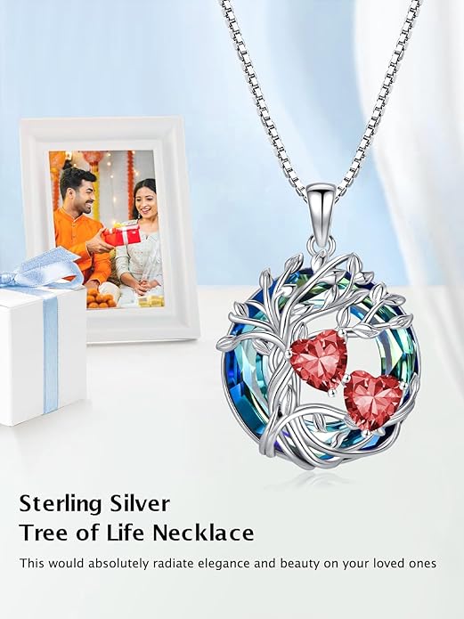 TOUPOP s925 Sterling Silver Family Celtic Tree of Life Pendant Necklaces with 2 Heart Birthstone with Blue Austrian Crystal Jewelry Birthday Valentines Day Gifts for Her, Anniversary Christmas Gifts for Wife Girlfriend Mom (18K Real White Gold Filled)