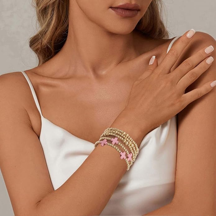 Gold Plated Beaded Bracelets for Women Trendy, 14K Gold Plated Stack Cross Pearl Gold Plated Bead Stretch Bracelets Set Elastic Hypoallergenic Bracelets Jewelry Gifts