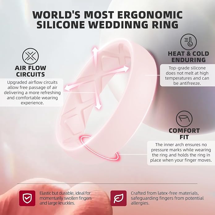 Egnaro Women's Bridal Rings Sets, Inner Arc Ergonomic Breathable Design Silicone Rubber Wedding Bands