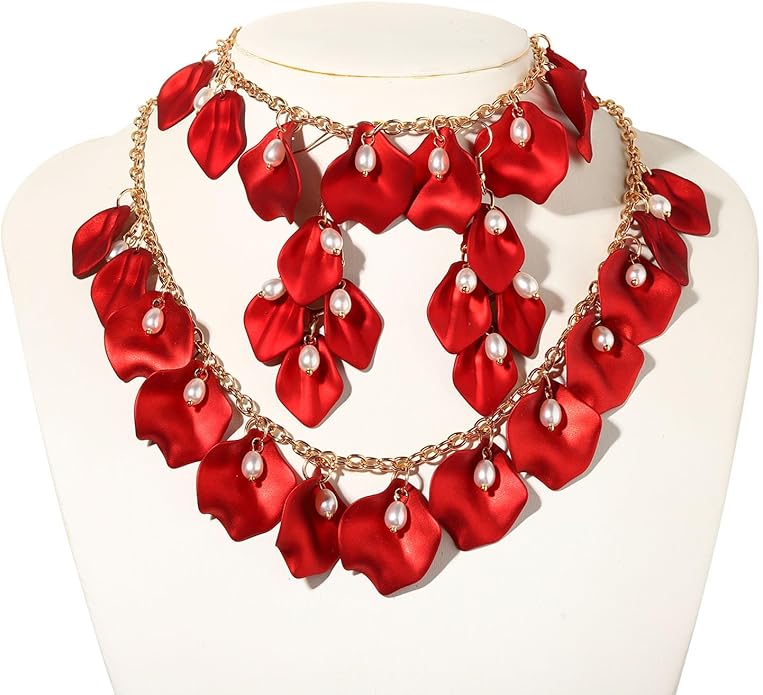 Flower Petal Necklace Earrings Set Layered Statement Beaded Jewelry Set for Women Summer Necklace Earrings