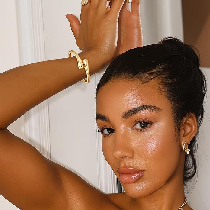 Chunky Gold Bangle Bracelets for Women Trendy 14K Gold Plated Cuff Bracelets Stack, Dainty Bracelet Sets Fashion Jewelry Gift