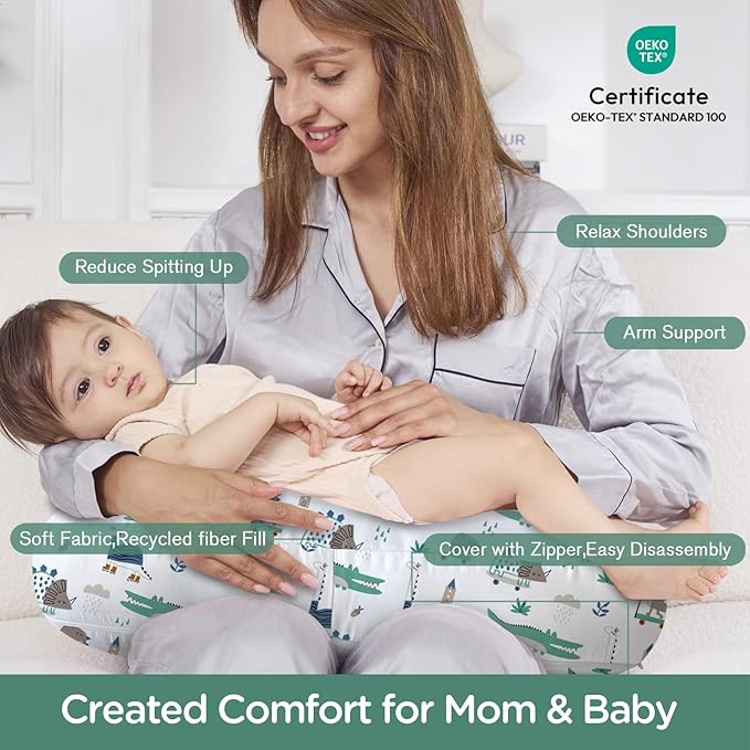 Little Grape Land Nursing Pillow,Upgraded Breast Feeding Pillow for Mom,Breastfeeding & Bottle Feeding for 0–14 Months, Soft Machine Washable Cover with Firm Breathable Filling, Tummy Time,Dinosaur