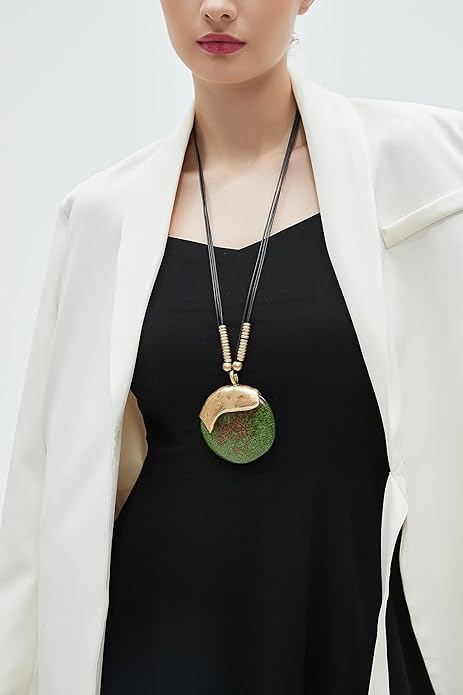 GelConnie Leather Necklace for Women Large Pendant Long Brown Necklace Circle Leather Choker Vintage Sweater Necklace Gold Chunky Boho Necklaces for Women