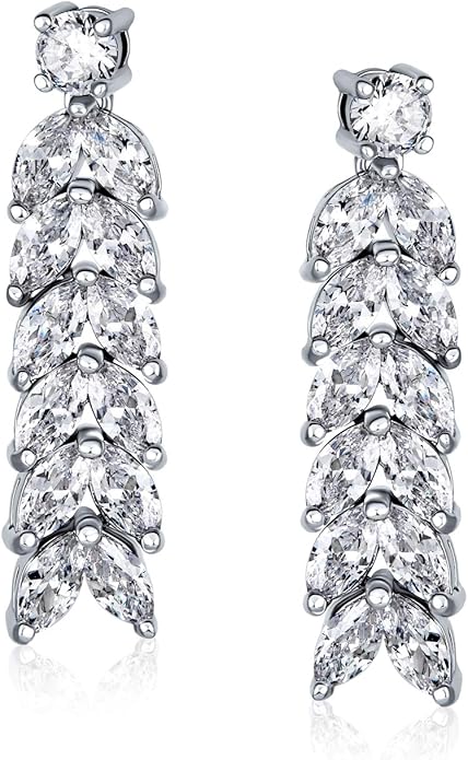 Bridal Jewelry Set Art Deco Vintage Estate Style Cubic Zirconia Marquise Leaf Teardrop AAA CZ Statement Cleavage Choker Necklace & Chandelier Dangle Clip On Or Pierced Earrings For Women Pageant