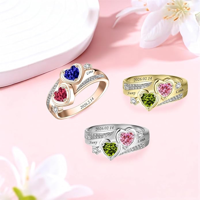 Personalized Heart Birthstone Rings for Women with 2 Birthstones Custom Name Rings for Couple Mother Daughter Jewelry Gift for Mother Her Christmas