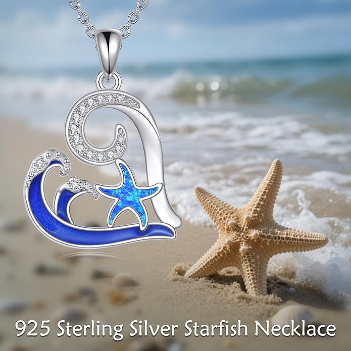 Starfish Necklace 925 Sterling Silver Wave Pendant Blue Opal Starfish Ocean Necklace Jewelry Beach Themed Gifts for Women