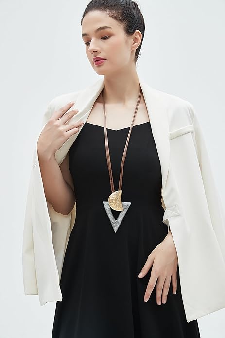 GelConnie Leather Necklace for Women Large Pendant Long Brown Necklace Circle Leather Choker Vintage Sweater Necklace Gold Chunky Boho Necklaces for Women