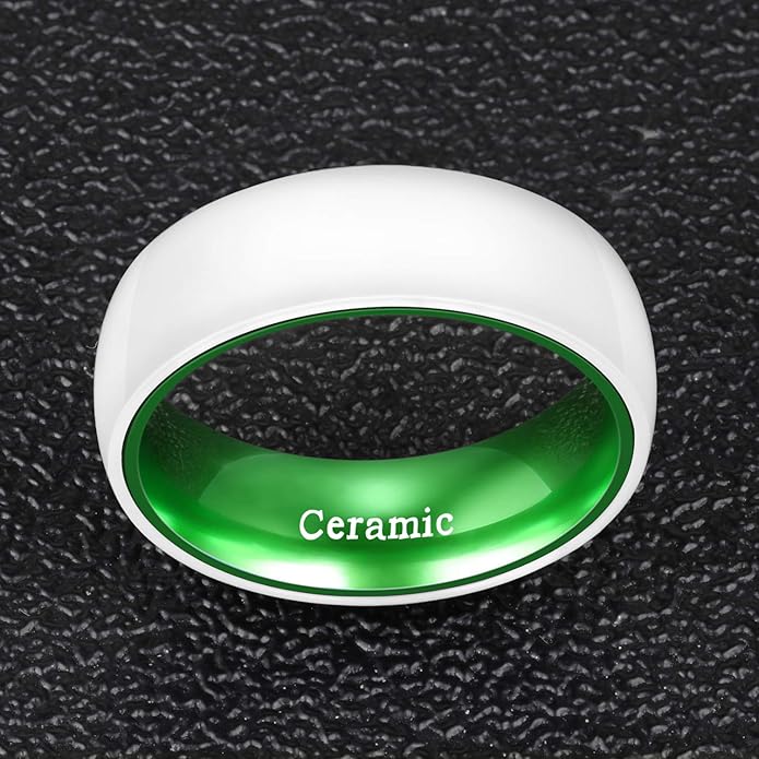POYA White Ceramic Ring 6mm 8mm Wedding Band for Men Women Inlay Anodized Aluminum Liner Comfort Fit