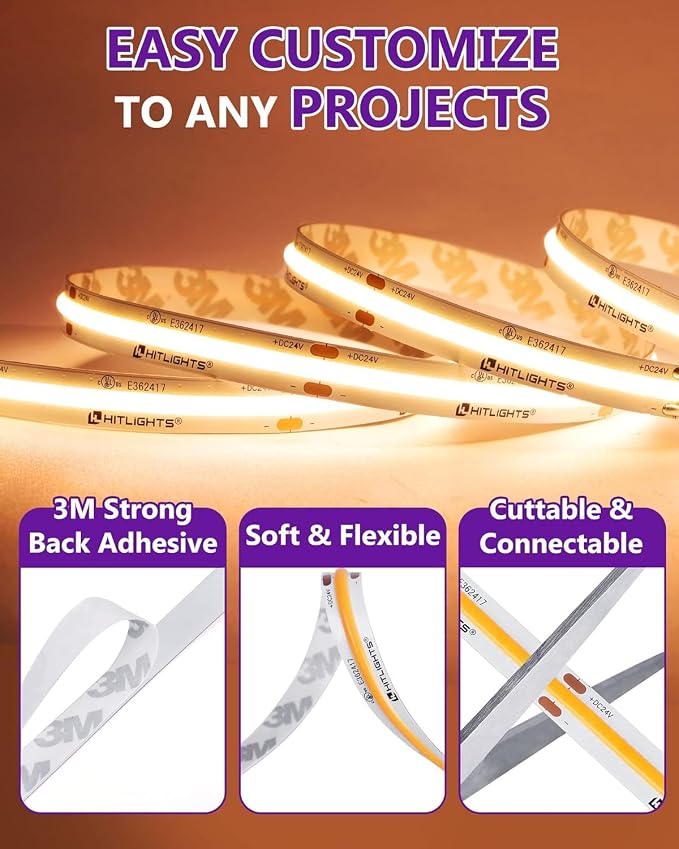 HitLights COB LED Strip Lights Warm White 2700K, 32.8ft 24V Tape, UL Listed | - Image 6