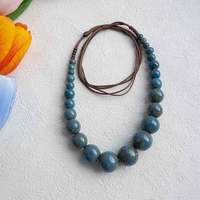 Boho Round Colorful Ceramic Beaded Necklace, Adjustable Hippie Statement Necklace, Handmade Ethnic Jewelry Gift for Women