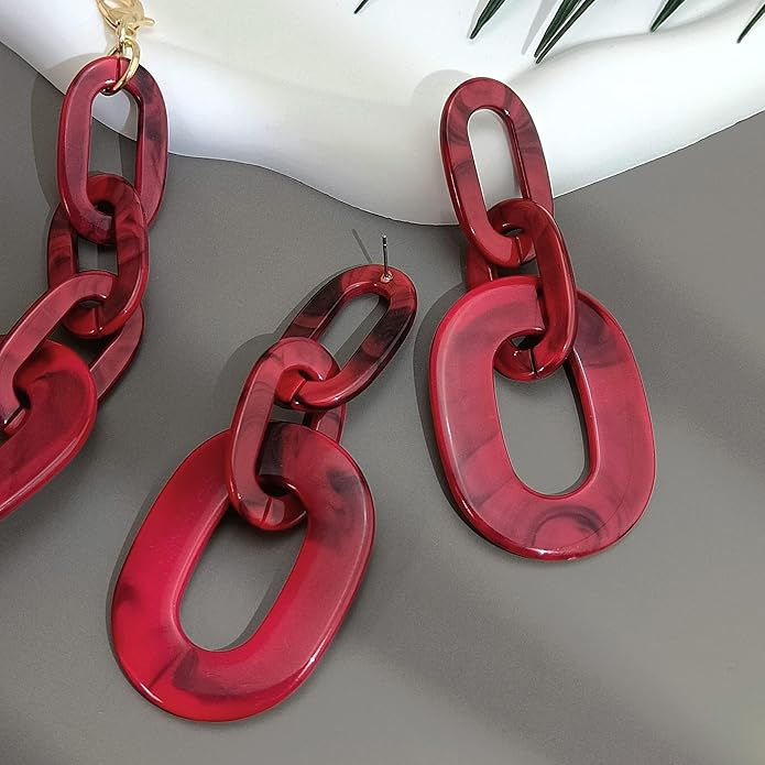 Bocar Acrylic Chunky Statement Necklace for Women Cube Link Chain Collar Necklace and Hoop Earrings Costome Jewelry Set