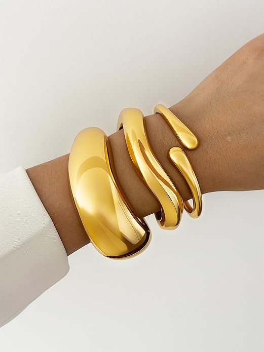 3Pcs Chunky Gold Bangles Bracelets for Women, Spring Hinged Big Stackable Bangles Set, Trendy Cuff Bracelet Stack Fashion Jewelry Gifts