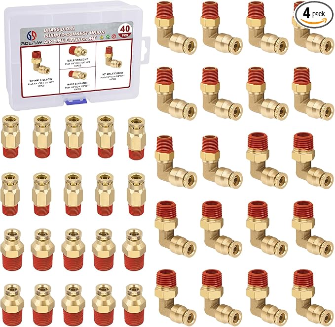 40PCS Straight & Elbow Brass Air Fittings Kit, 1/4" Tube x 1/8" & 1/4" NPT | by BOERAY