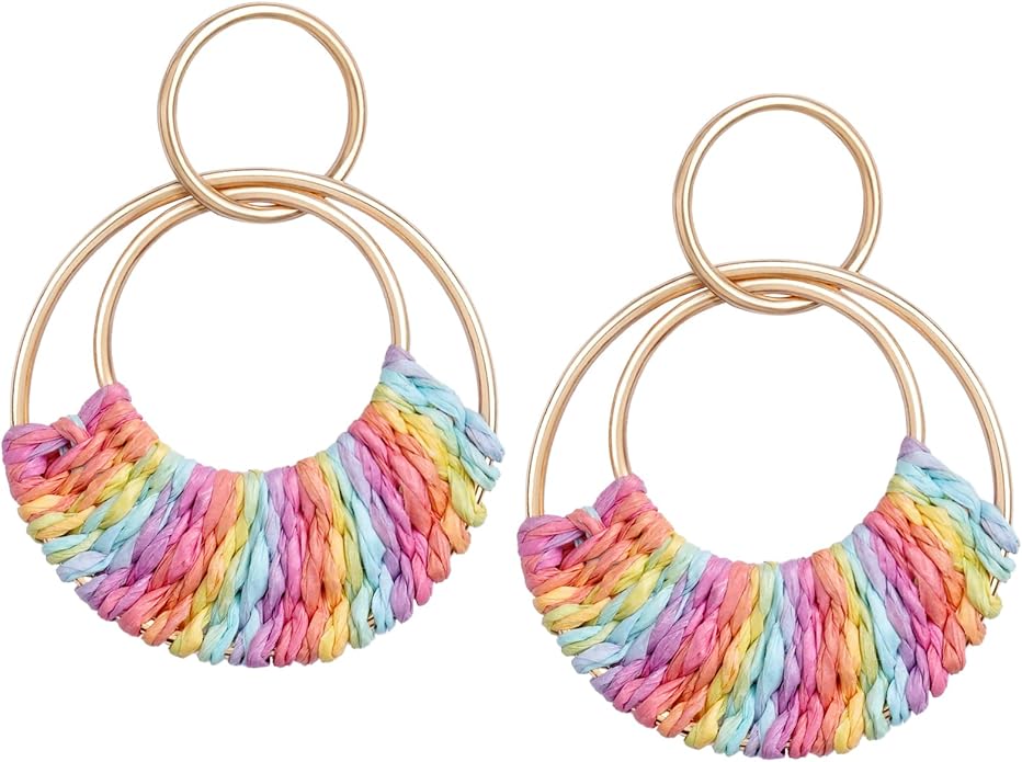 Raffia Hoop Earrings for Women Fun Boho Summer Beach Earrings Lightweight Handmade Straw Wicker Rattan Dangle Earrings Statement Geometric Round Drop Earrings