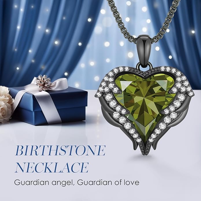 CDE Valentines Day Gifts for Women Angel Wings Necklace for Women with Birthstone, Love Heart Silver Tone/Gold Tone Pendant, Ideal Anniversary or Birthday Jewelry Gifts for Wife Girlfriend Her