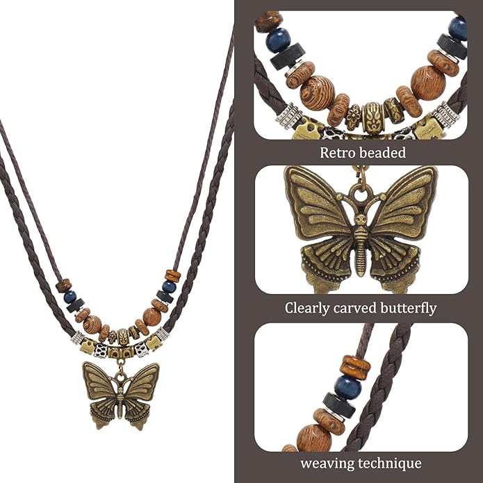 Boho Necklace for Women,Vintage Butterfly Pendant Necklaces,Adjustable Wooden Beads Layered Braided Choker,Fashion Tribal Style Leather Rope Necklace Jewelry,Chunky Statement Gift for Women