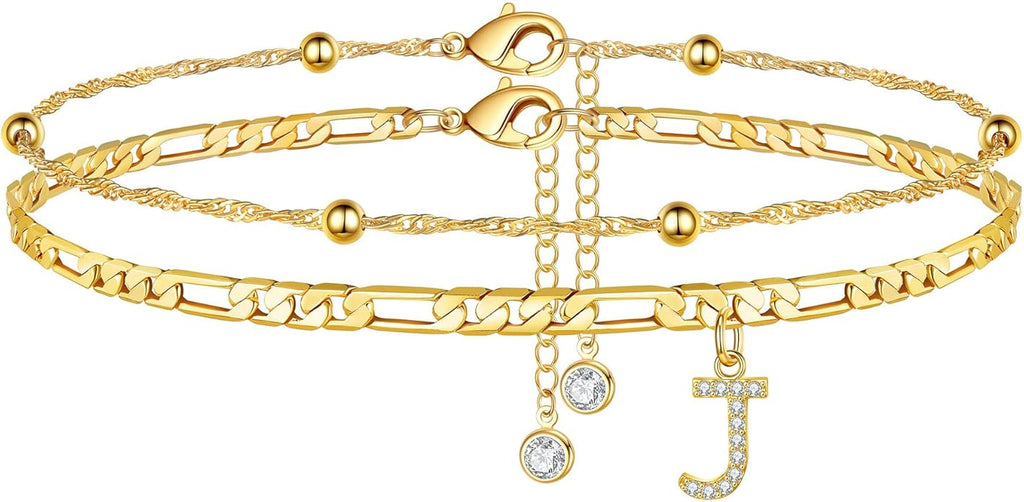Ursteel Ankle Bracelets for Women, 14K Gold Plated Dainty Layered Chain CZ Initial Anklets Summer Jewelry Gifts for Women