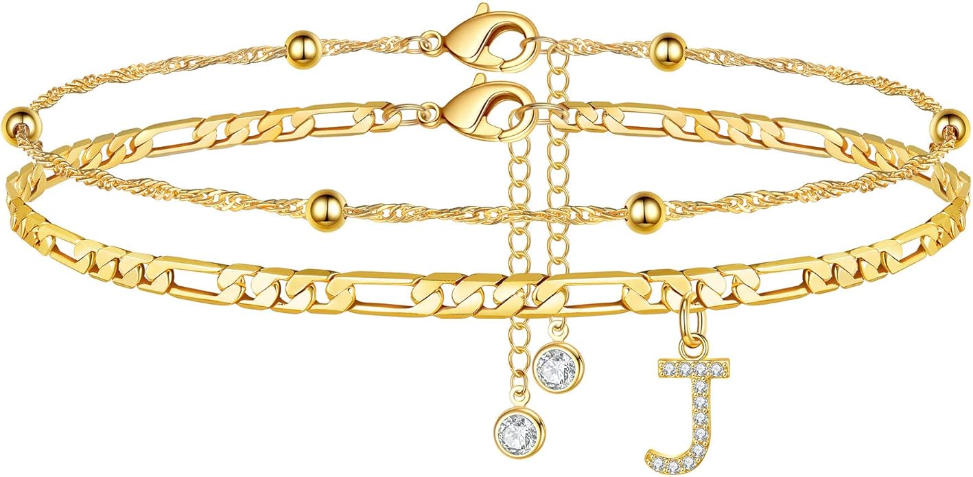 Ursteel Ankle Bracelets for Women, 14K Gold Plated Dainty Layered Chain CZ Initial Anklets Summer Jewelry Gifts for Women