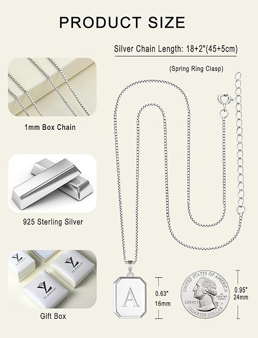 YL Initial Necklace 925 Sterling Silver Square/Round/Heart Letter Pendant A-Z Alphabet Polished Jewelry for Women