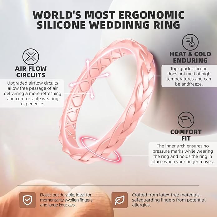 Egnaro Women's Wedding Bands, Silicone Thin and Stackable Rubber Engagement Ring, Variety Multipack With Breathable Grooves Workout Accessories