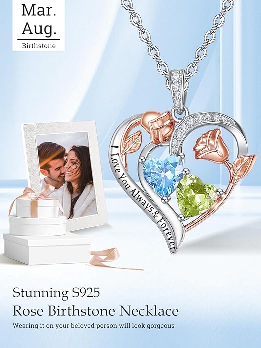 Valentine's Day Gifts for Wife 925 Sterling Silver Double Birthstone Pendant Necklaces I Love You for Always and Forever Necklace Anniversary Birthday Gifts for Wife Girlfriend Mom Her