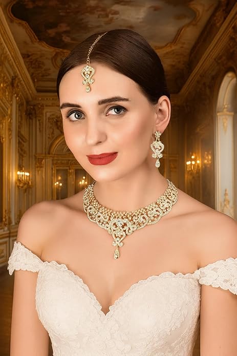 Touchstone Indian jewelry set for women bollywood gold jewellery wedding outfits necklace sets earrings bridal maang tikka fancy costume girls big desi accessories rhinestone in gold or silver tone