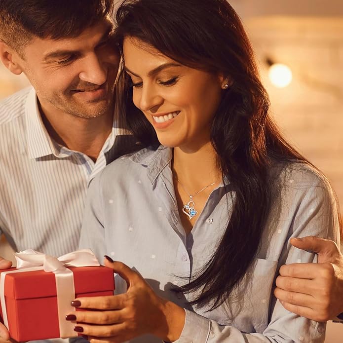 Iefil Valentines Day Gifts for Her - 925 Sterling Silver Double Birthstone Necklace, Heart Necklaces for Women, Anniversary Birthday Gifts, Personalized Jewelry Gift for Wife Mom Girlfriend