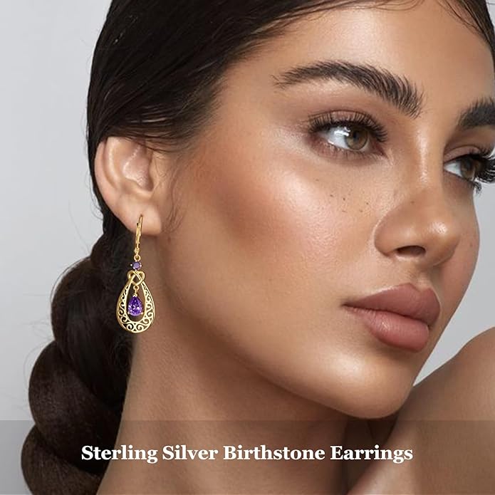 Teardrop Birthstone Dangle Drop Earrings Sterling Silver Infinity Filigree Leverback Earrings, Infinity Love Birthday Anniversary Valentines Day Gifts for Her Women Mom Wife