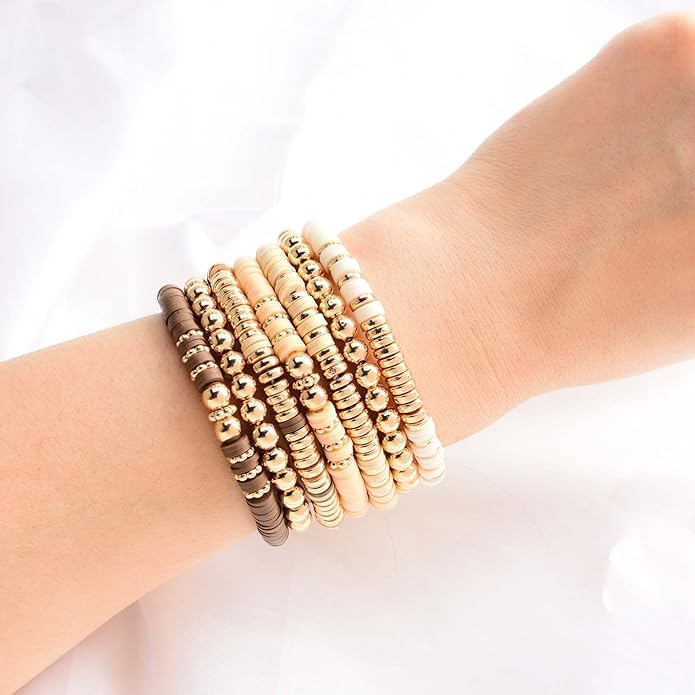 GOOJIDS Surfer Heishi Clay Bead Bracelets for Women Bohemian Stackable Gold Plated Beaded Stretch Bracelets Elastic Layering Friendship Bracelets Set Boho Jewelry