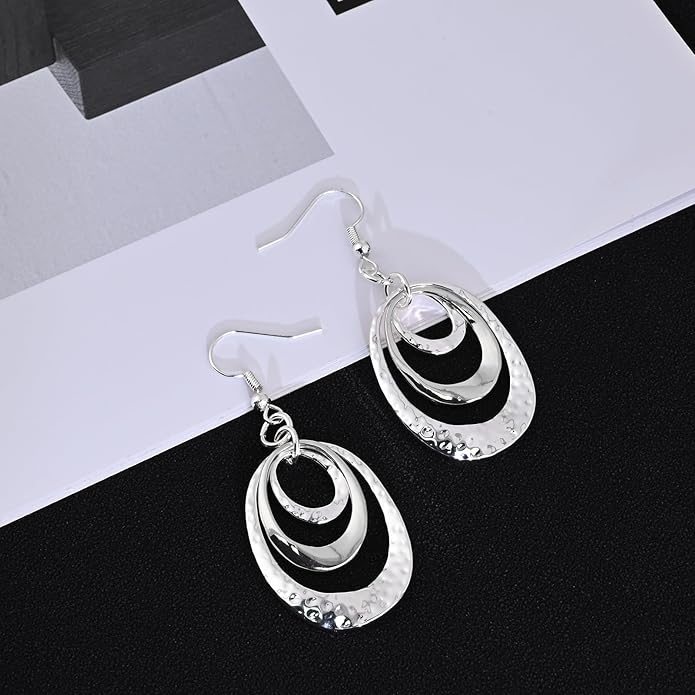 Boho Three Oval Drop Dangle Earrings Silver Earrings for Women Trendy Two Tone Bohemian Jewelry for Thanksgiving and Christmas Gifts