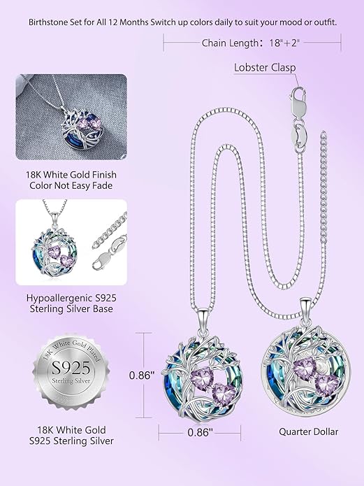 TOUPOP s925 Sterling Silver Family Celtic Tree of Life Pendant Necklaces with 2 Heart Birthstone with Blue Austrian Crystal Jewelry Birthday Valentines Day Gifts for Her, Anniversary Christmas Gifts for Wife Girlfriend Mom (18K Real White Gold Filled)