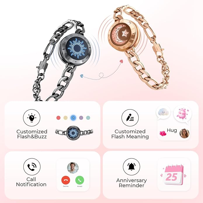 TOTWOO Long Distance Touch Bracelets for Couples, Smart Light & Vibration Love Jewelry, Long Distance Valentines Day Gifts for Him Her Women Men, One-to-One Bluetooth Pairing via App