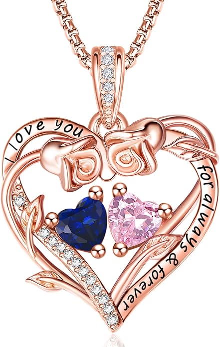 Rose Heart Necklaces for Women, Rose Gold Forever Love Jewelry with 2 Birthstones Pendant,Valentines Anniversarry Birthday Gifts for Her Wife Mom Grandma Daughter, 18+2 Inch Chain